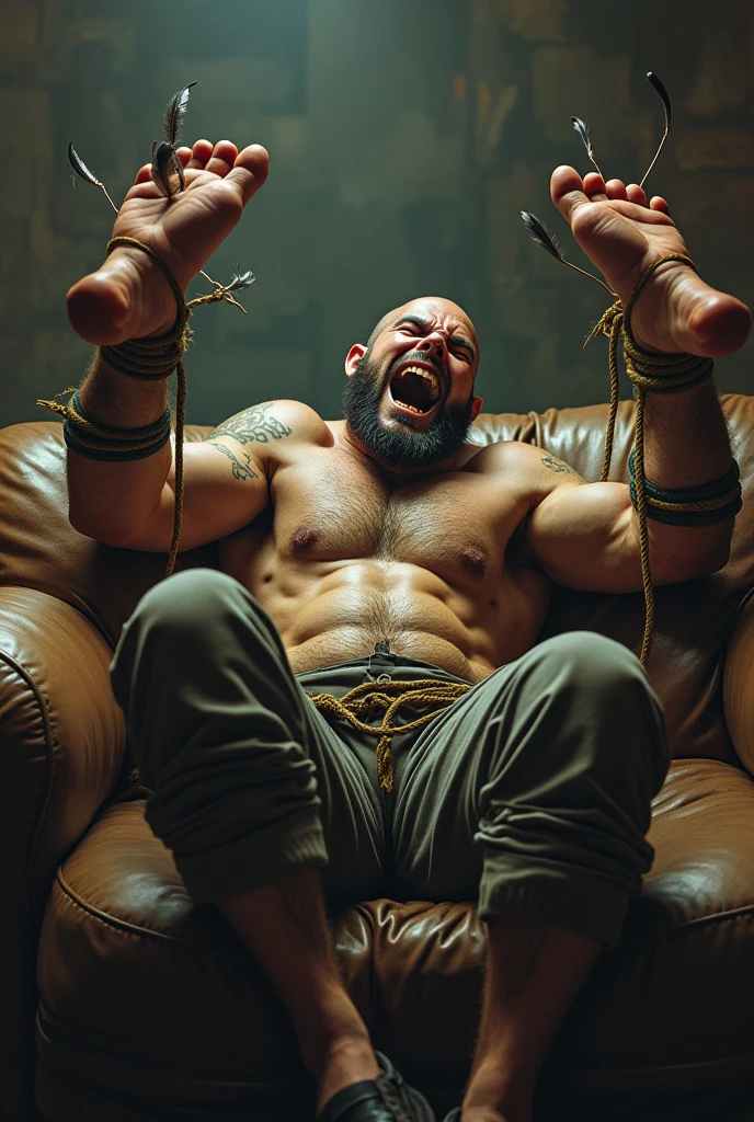 A handsome，Orc with abs tied to the sofa，Shoes taken off，Revealing two big bare feet，Both feet are locked in the foot，Feet raised，Soles facing forward，Five toes tied with rope in foot，His hands were tied tightly to one end of the sofa.，His upper body was stripped，Wearing only a pair of trousers，Being tickled by a man in a cap，His armpits were constantly tickled by feathers.，The soles of his feet were being scratched by two brushes.，The toes are also tickled by the feathers growing from the toes.。The abdomen is scratched with a brush，And he laughed，Struggling hysterically，Swinging his two feet，I want to escape from this nightmare.，But can only endure the punishment of being tickled。*（Have an expression of laughing like being tickled，Keep your feet elevated，The soles of your feet should face the screen）
