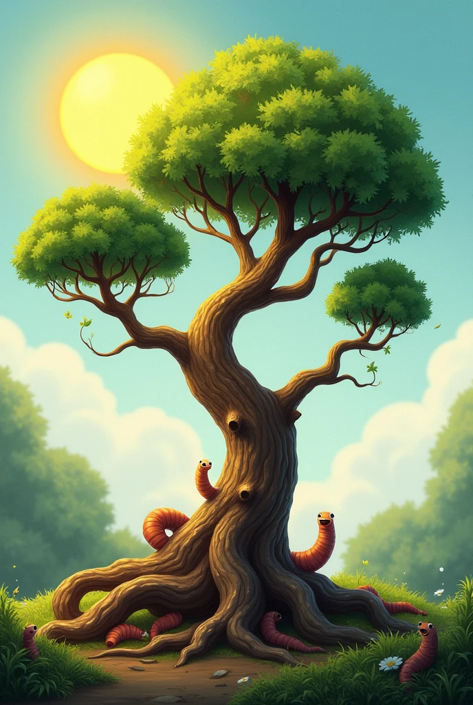 A tree that has 3 more branches apart and that each branch has 1 leaf drawings to color and paint that has a sun and roots and that has worms