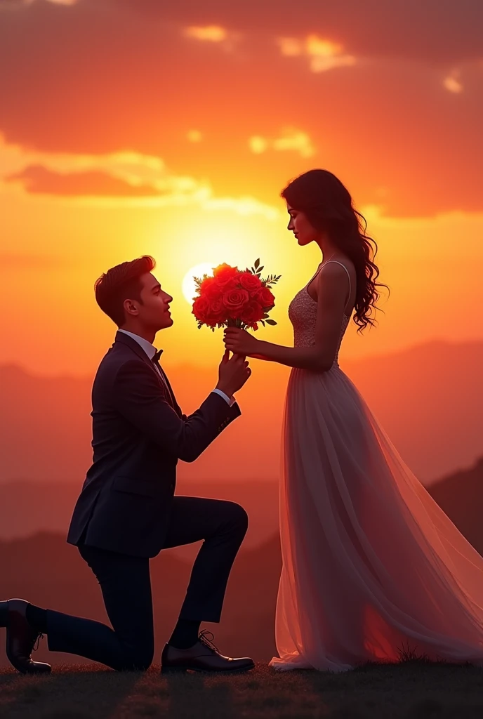 (CREATE AN IMAGE WHERE THE MAN IS ON HIS KNEES GIVING A BOUQUET OF ROSES TO A WOMAN IN A BEAUTIFUL SUNSET)