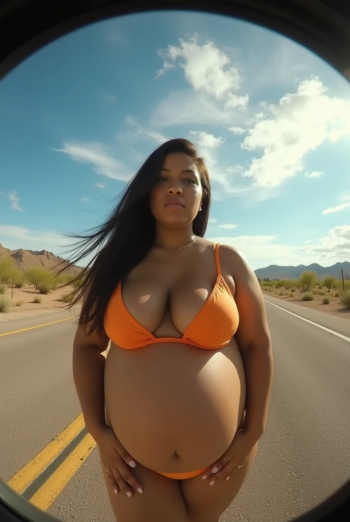 Pov fisheye camera view when in front of you there is a fat stepmother Cardi B with straight hair when she is 9 months pregnant wants to suck your penis when you are on the side of the road in the Arizona desert and show off her plus size body and big bra size, iphone camera style. 8k hd, realface, cinematic, extra detail, high shapering image, masterpiece