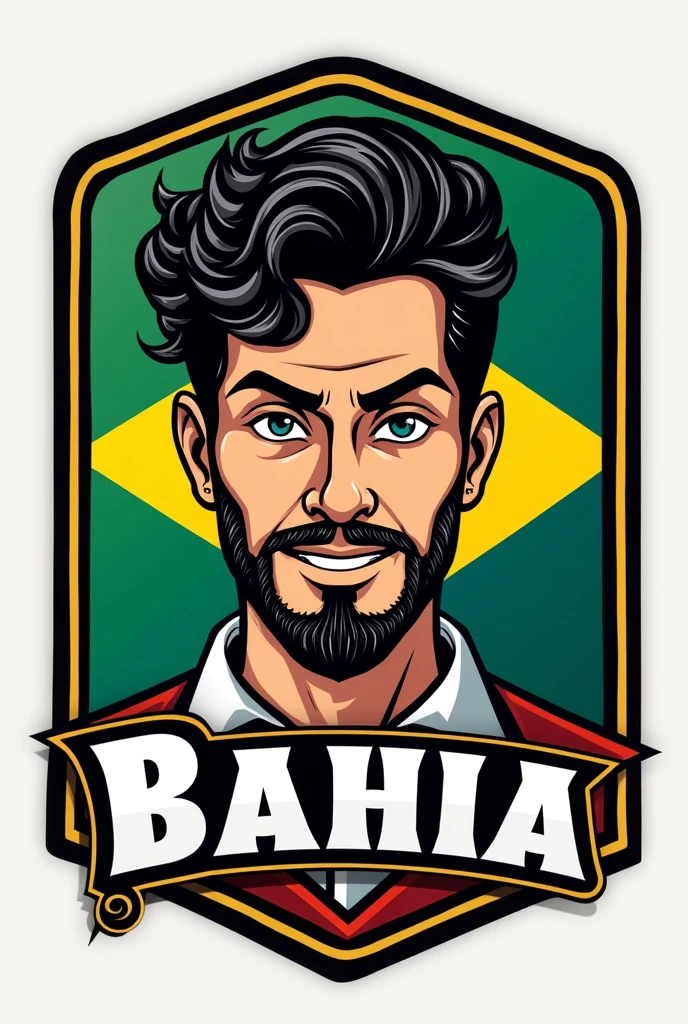 Create a barber shop logo for me where there is a guy with curly black hair, with a mustache and goatee and the name Bahia barber, and the Bahia team flag behind 