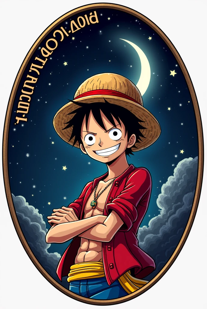 Create logo of luffy from one piece in background circle and inside the circle dark sky moon and on the circle write SOORYA