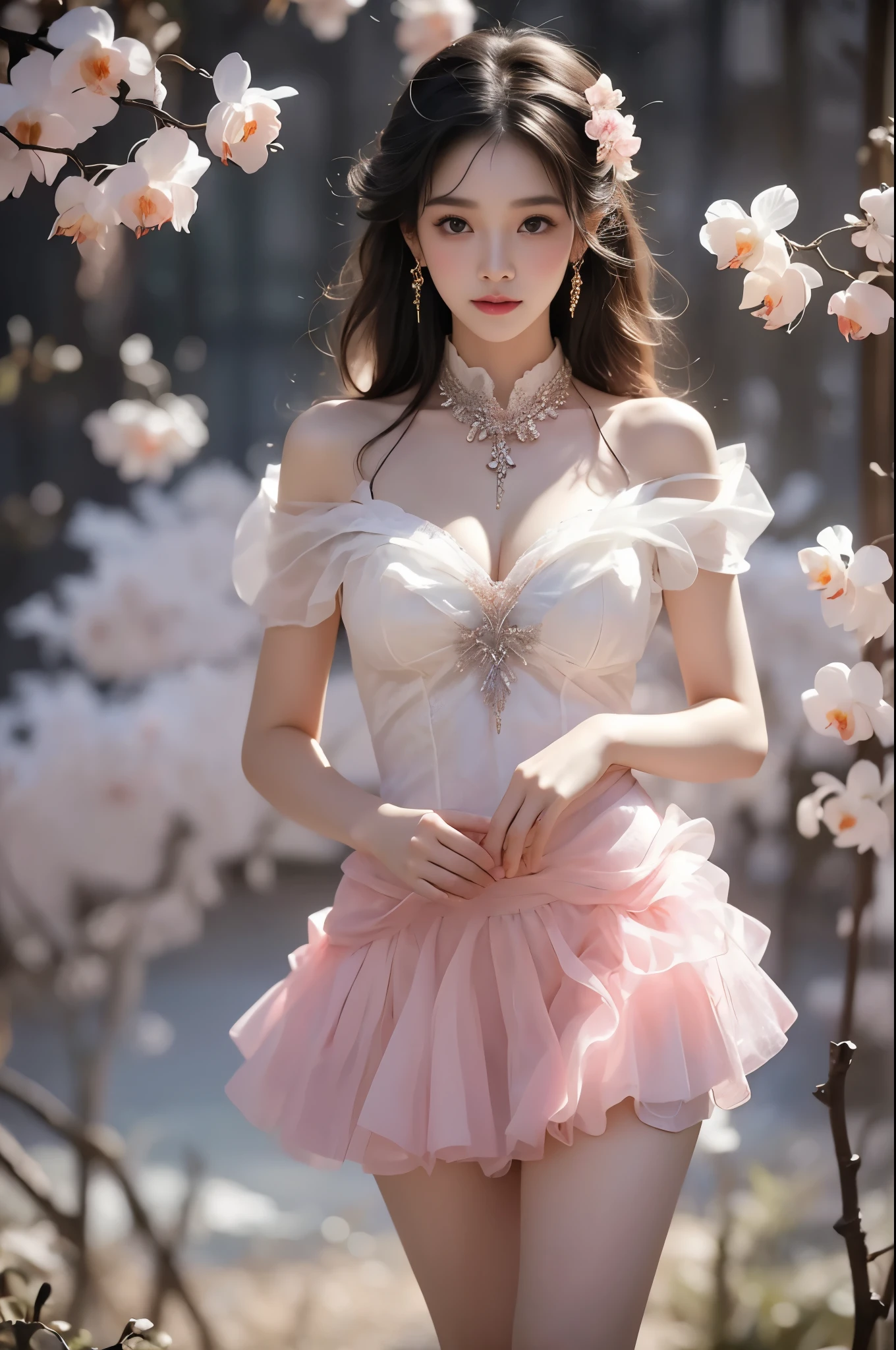 （Quality Improvement：1.4），1 Girl, Full breasts，Visible cleavage，Sexy long legs，The skirt is very short，She gently lifted her skirt with one hand,Surrounded by white Phalaenopsis orchids，Lilac dendrobium、White Lily, Flying petals，（Top quality leather), Delicate face,Black Hair, Gradient hair, Body,（Body1.1）, He has a precious gem on his forehead.., outstanding student，Long eyelashes,Smile, Surrealism, Movie Lighting, Projection Insert, Surrealism, Ultra HD, masterpiece，lie，Keep dreaming，Open your legs slightly.，Tattoo，Fantasy Space，Luxurious space，Exquisite makeup，blush，Shy expression