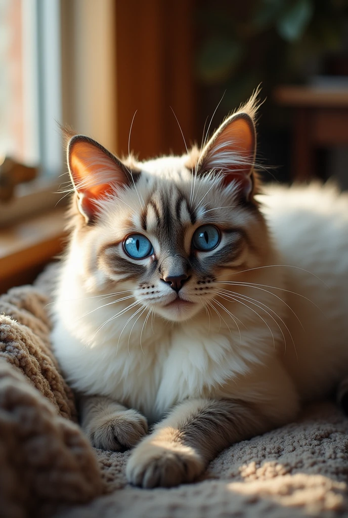 A blue-eyed cat inside a home.