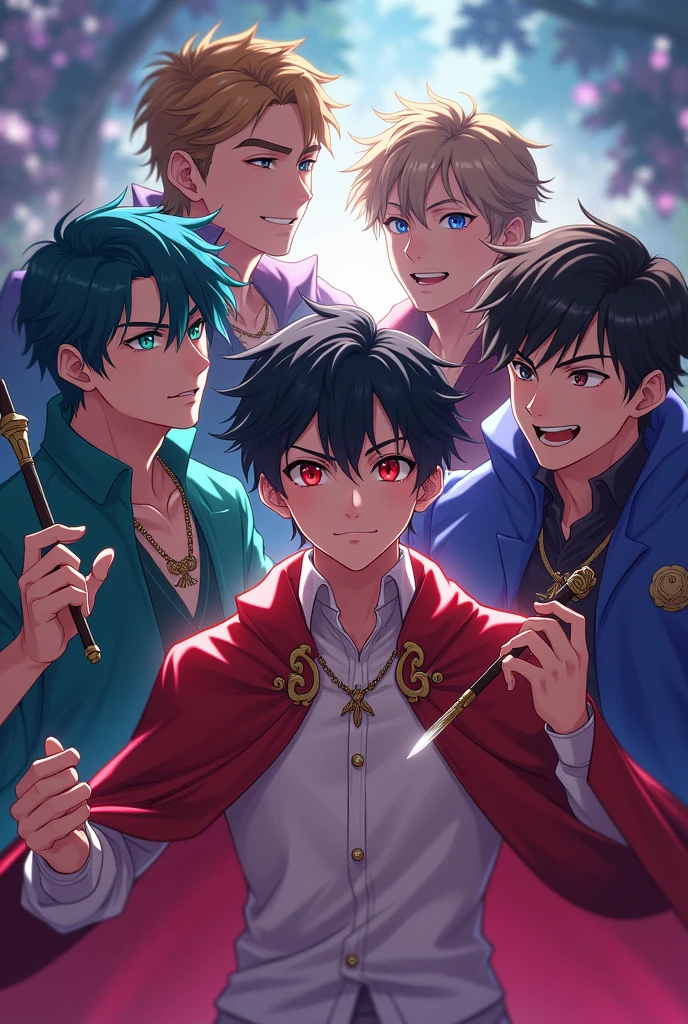Four young men with different personalities surround a sweet-faced young man. They are wearing magic robes. One of them holds a magic wand. Magic. Fantasy. Fantase. The one surrounded has a cute face. One of the people surrounding him has a fierce face. The second has an annoying face. The third has a handsome face. The one with sharp features is somewhat scary. Anime. Magical world. Magical world. Four young male characters surround a single sweet-faced young man with ruby red eyes.