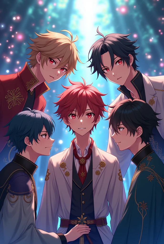 Four young men with different personalities surround a sweet-faced young man. They are wearing magic robes. One of them holds a magic wand. Magic. Fantasy. Fantase. The one surrounded has a cute face. One of the people surrounding him has a fierce face. The second has an annoying face. The third has a handsome face. The one with sharp features is somewhat scary. Anime. Magical world. Magical world. Four young male characters surround a single sweet-faced young man with ruby red eyes.