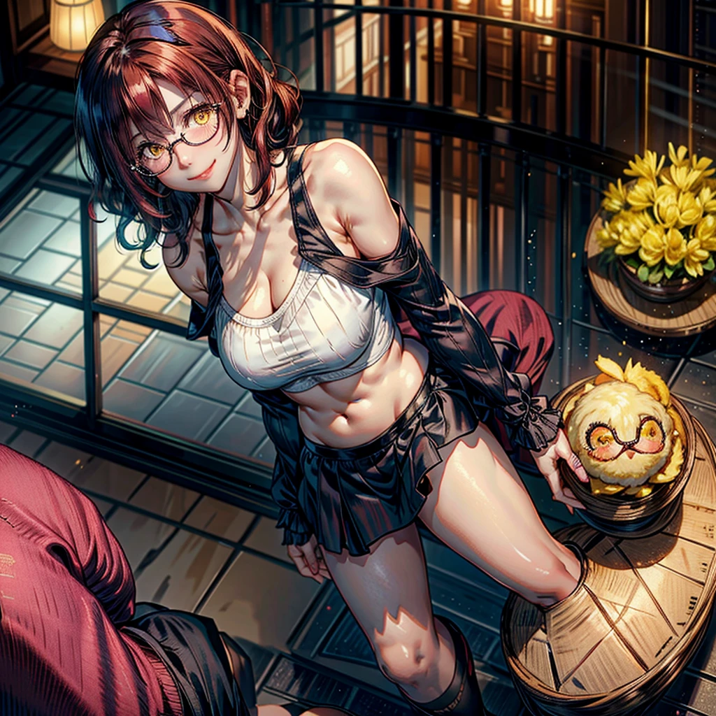 .1 woman,Alone, breasts a little big,short hair, curly hair, natural redhead,yellow eyes, from above, smile, Blush all over the face, coquette, throw, smile radiante, short black skirt, long-sleeve shirt, pink shirt, Off shoulder shirt, standing, Entrance of a house, round glasses, long nails.