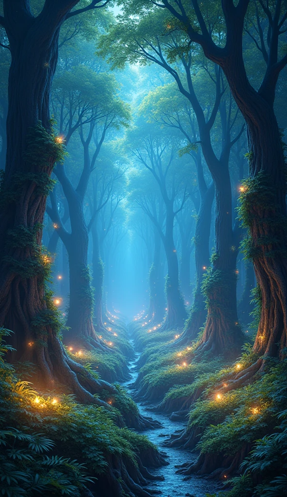 An expansive underground realm bathed in the soft, soothing light of bioluminescent flora. Towering trees with glowing leaves create a canopy of light, while vines covered in tiny, glowing flowers drape down from above. The ground is alive with luminous ferns and bushes, casting a gentle radiance that illuminates the serene landscape. Small, glowing creatures, like fireflies and gentle floating orbs, move peacefully through the air, adding to the tranquil ambiance of this hidden utopia.
