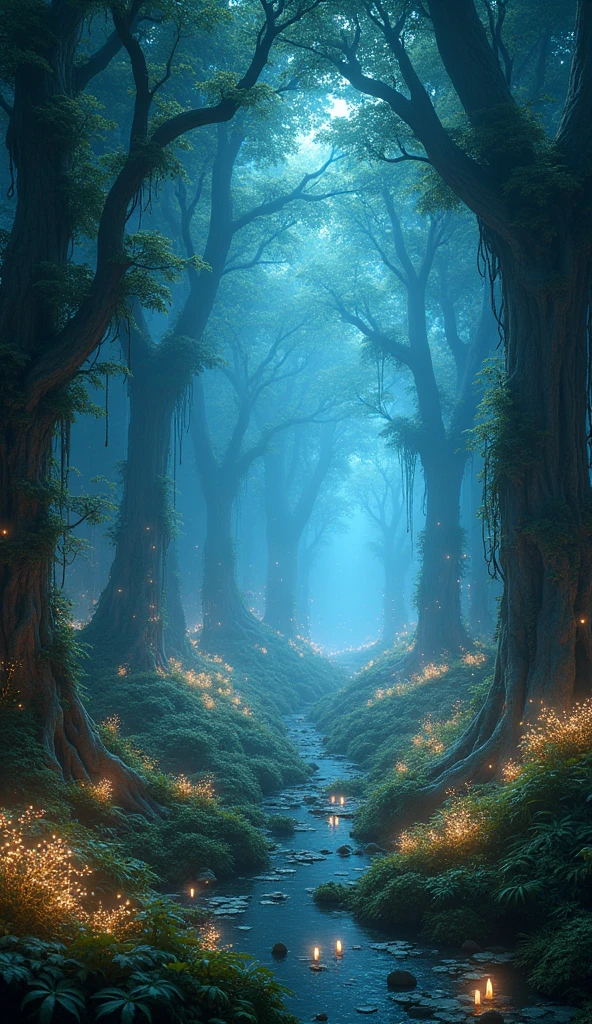 An expansive underground realm bathed in the soft, soothing light of bioluminescent flora. Towering trees with glowing leaves create a canopy of light, while vines covered in tiny, glowing flowers drape down from above. The ground is alive with luminous ferns and bushes, casting a gentle radiance that illuminates the serene landscape. Small, glowing creatures, like fireflies and gentle floating orbs, move peacefully through the air, adding to the tranquil ambiance of this hidden utopia.
