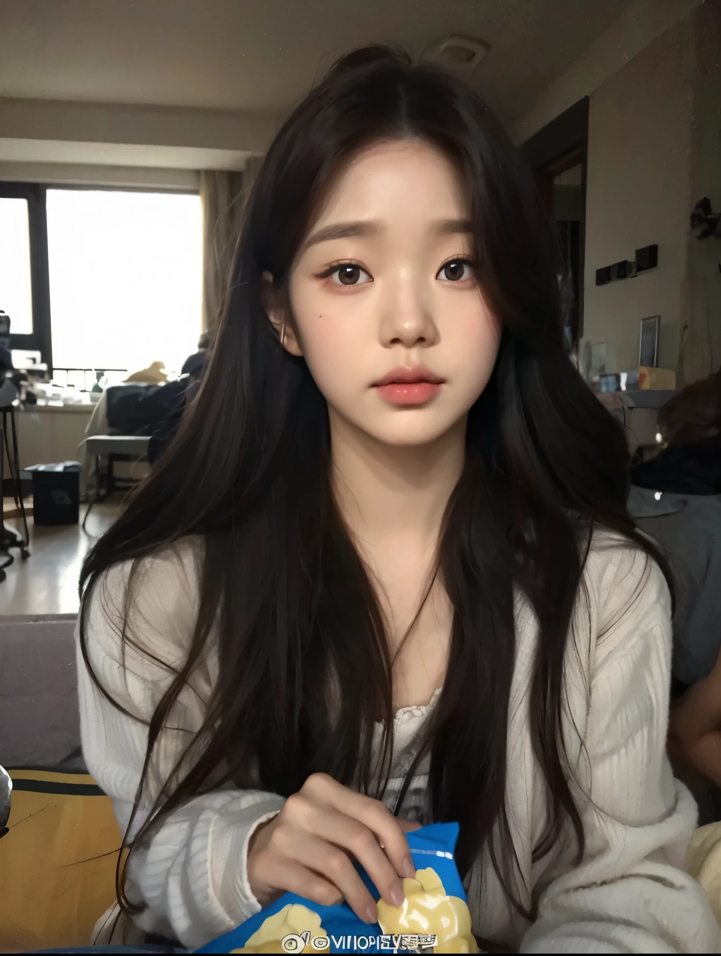 A close-up of a woman with long brown hair, Wonyoung de IVE, Portrait of Wonyoung from IVE, Wonyoung de IVE, Wonyoung de IVE, South Korean popular makeup, Wonyoung de IVE, Retrato Wonyoung IVE, Pastel pink skin tone, Wonyoung de IVE, popular korean makeup