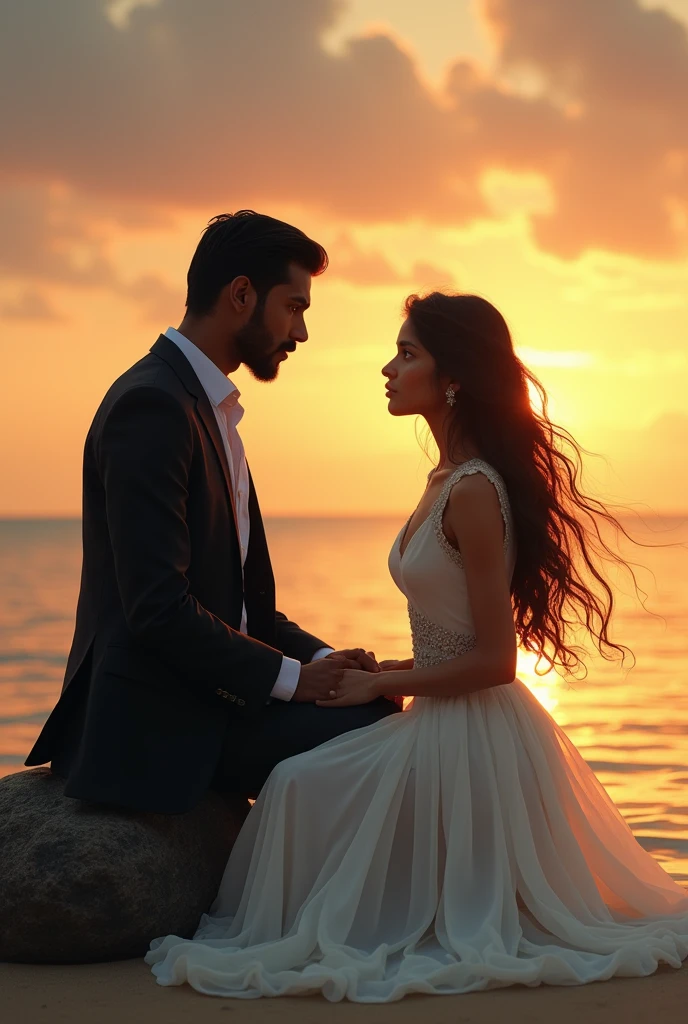 White pretty girl with black hair height 5'3 representing the life in white dress and black sri lanken boy height 5'6 with black straight hair with gote and moustache wearing black suit representing the death talking in the beach in the sunset, boy is black Indian boy they are lovers boy isn't way handsome but attractive Indian girl is sitting on rock, boy is wearing black suit he is the death