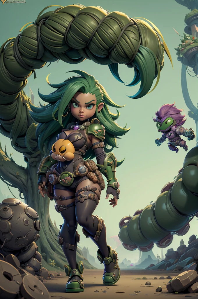 Rayman Legends style tree, character estilo art rayman legends, girl, fully body, STYLE mercenary with futuristic doom style weapons, Giant Accessories,Giant Monster, big breats,Little bunny,big breast, sensuality, elfo, mascot next door,doom style weapons,((doom armor))