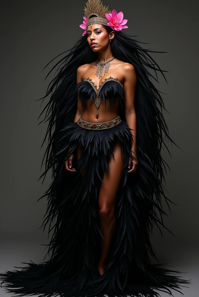An image of a Rapa Nui woman, with Easter Island dance attire of black feathers, Full body and pink flower details on the head