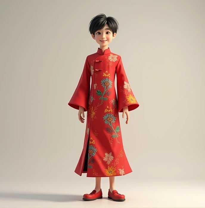 Male wear female cheongsam, happy face, full body, 