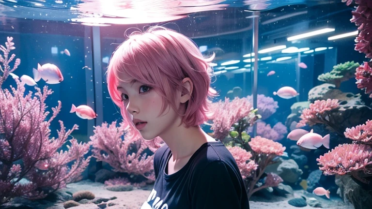 Hyperrealistic, anime colored style ,attractive Kawaii girl, wavy pink short hair, adult face, stands in front of and looking sideways, looking up, aquarium big tank, t-shirt, jeans, retrospective, full body shot, low angle shot