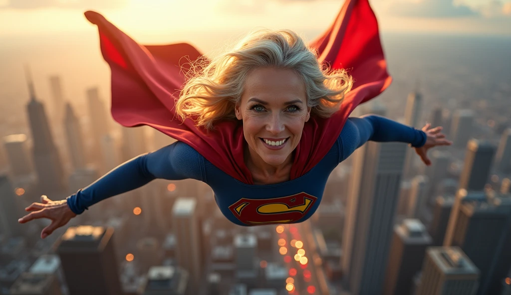 Supergirl Julie Hagerty(((very beautiful old Supergirl (((1984s costume))); Julie Hagerty))) Super old woman Julie Hagerty; confident, powerful, indestructible, attractive; big and firm chest, floating high above the city, sunlight streaming through the clouds, dramatic pose, cinematic lighting, colorful cityscape below, gritty urban environment, intricate details, hyper-realistic, 8k, cinematic, dramatic, grandiose, superhero, flying, cape flowing, muscular, confident, powerful, determined expression, glowing eyes, lens flare, volumetric lighting, cinematic camera angle, dramatic shadows and highlights, photorealistic, vibrant colors, highly detailed, masterpiece