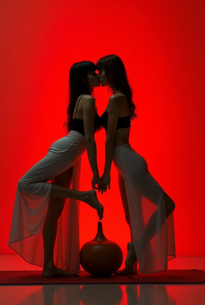 A 2 woman practicing yoga, slightly muscular, medium brown hair with bangs, in a long skirt with a slit, black strapless top, foot in the gourd, seductived faced, red wall in the background
