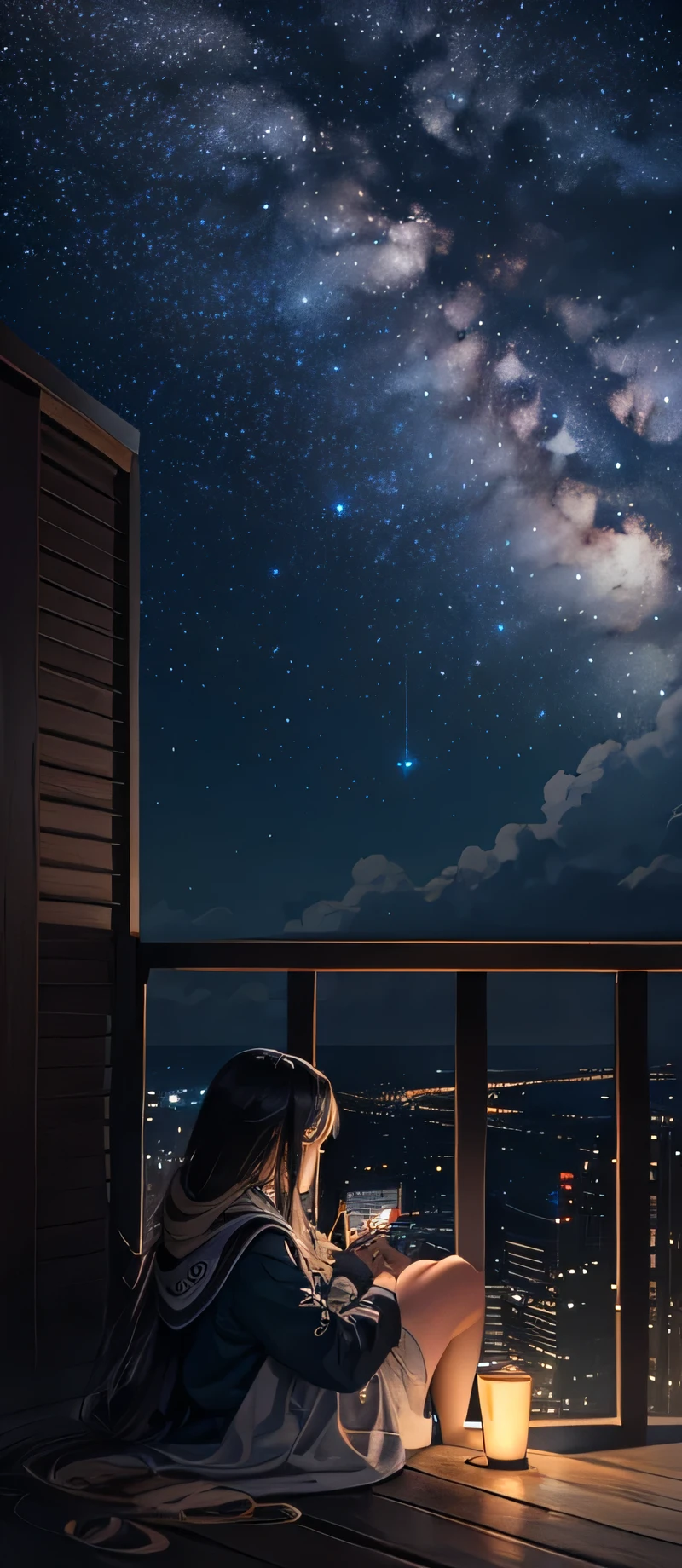 Octane, Invalid, Star (Invalid), landscape, Starry Invalid, night, 1 girl sitting on the balcony, night Invalid, alone, outdoor, building, cloud, Milky Way, sitting, wood, long hair, City, contour, Cityscape  