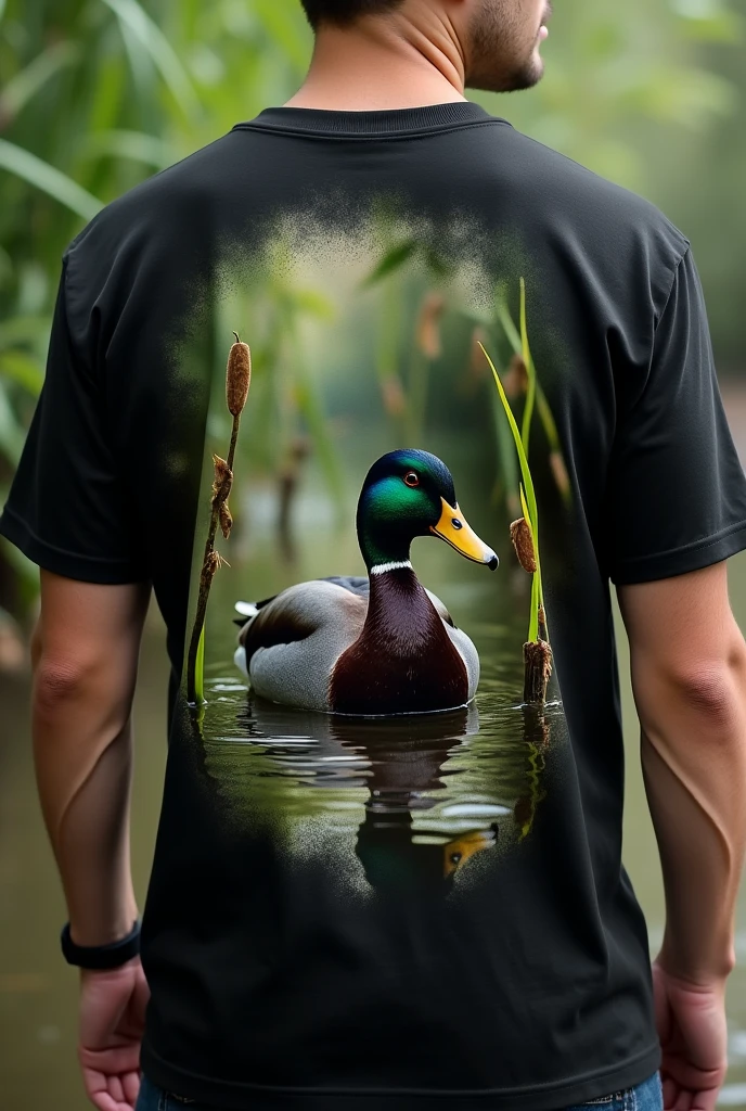 A black shirt with a duck in the back in its habbit