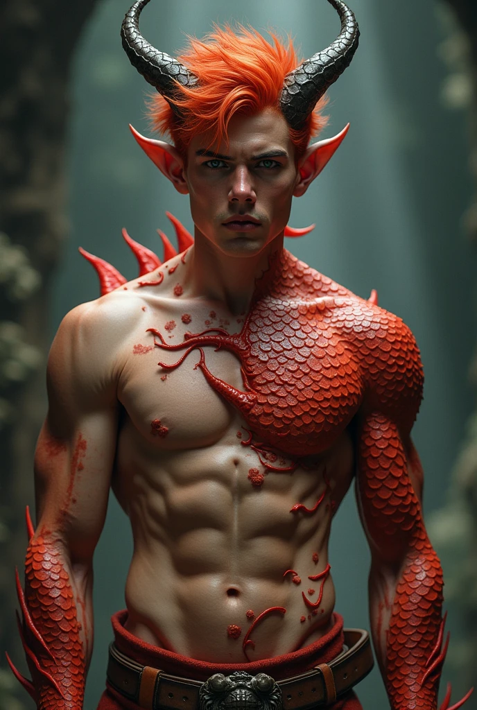 Young redhead man, Strong shirtless, with two small horns and red dragon scales