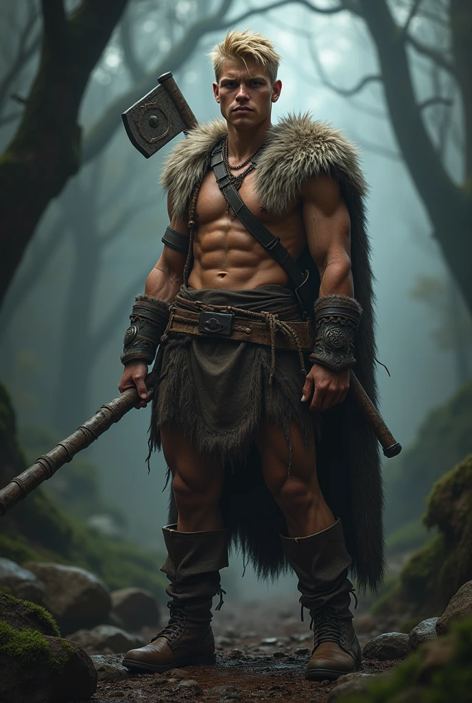 "Create a hyper-realistic, dark fantasy version of Bobby the Barbarian from 'Dungeons & Dragons' (Caverna do Dragão), set in a gloomy, ominous environment inspired by the dark and perilous world of the series. Focus on capturing the intricate details and textures of his face and body while preserving his iconic appearance. Bobby should have his recognizable youthful face, with short, tousled blonde hair and an expression of fierce determination mixed with innocence, reflecting his bravery despite his young age.
He wears his iconic fur tunic, leather boots, and wields his signature club. The fur tunic should be rendered with realistic textures—soft, rugged, and slightly weathered from his adventures. The leather boots should show signs of wear, with detailed stitching and scuffs. His club should look heavy and formidable, with intricate carvings and a worn handle. Pay close attention to the details of his muscular build, the texture of his clothing, and the determined look in his eyes to ensure a lifelike portrayal.
The setting is a dark, foreboding forest typical of the 'Dungeons & Dragons' world, with towering, twisted trees and a misty atmosphere. The background should evoke the series' blend of fantasy and danger, with the environment slightly blurred to keep the focus on Bobby's detailed and realistic portrayal. The textures of his fur tunic, boots, and club should be central, while the environment enhances the dark and intense mood."
