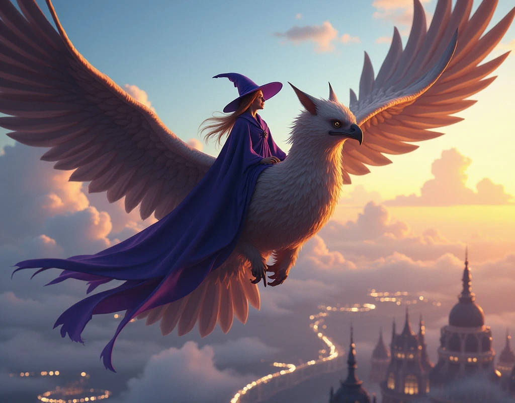 "The witch, securely seated on the griffin’s back, soars above Dreamhaven. The griffin’s powerful wings beat rhythmically against the sky, creating a stunning contrast with the city’s ethereal glow below. The witch’s cloak billows dramatically in the wind as she looks out over the floating islands and shimmering lights."