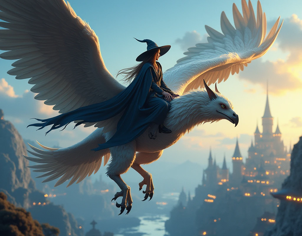 "The witch, securely seated on the griffin’s back, soars above Dreamhaven. The griffin’s powerful wings beat rhythmically against the sky, creating a stunning contrast with the city’s ethereal glow below. The witch’s cloak billows dramatically in the wind as she looks out over the floating islands and shimmering lights."