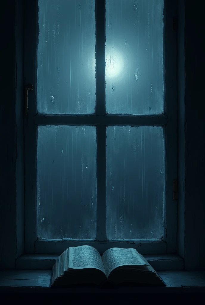 window in a dark room, with the moonlight coming in softly. in the window, there could be raindrops, symbolizing tears and melancholy.
The interior of the room could be subtly lit, highlighting a symbolic object, like a book or a photograph, that represents the memories of love. This image would convey a sense of introspection and longing..