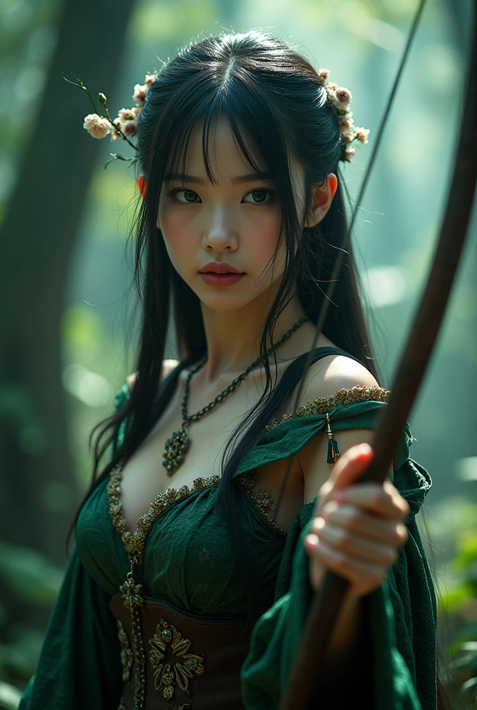 (masterpiece,best quality:1.4),(8k,raw photo,photo realistic:1.2),shiny skin,detailed skin,detailed face,detailed eyes,Detailed hands,Detailed Background、1girl,Japanese idol,(beautiful face),(Shining Eyes:1.1),、Ultimate Idol、Symmetrical eyes、、Great background、Great location、((Japanese,sexy robin hood costume))、(Detailed and very cute,),Full body portrait,Mysterious glowing forest,Elf,Woman holding a bow,nswf,sexy Instagram style