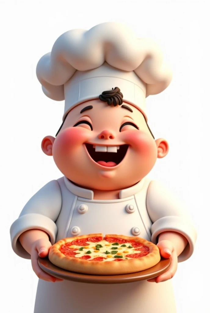 friendly chef, cute and chubby with a pizza in his hand, pixar style, 100% white background, HDR, soft light