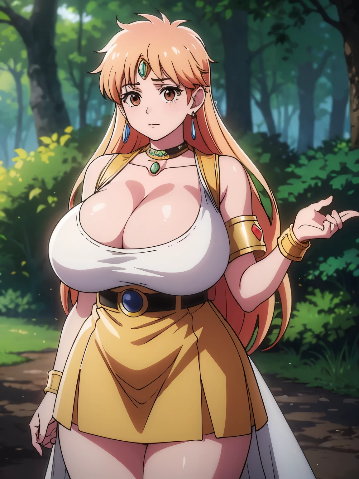 (masterpiece, highest quality:1.2), Ultra-high resolution), RAW Photos, Professional Lighting, Cinema Lighting, (1 girl), Leona, レオナ, Dragon Quest:dai no daibouken, (blonde, Long Hair, Brown eyes, string tiara, hair ornaments, bangs), (earrings, brass Circlet, choker, white cardigan, green short dress, knee high socks, golden bracelet, golden pads, white cloak), (((ultra large natural breasts, Super huge tits, Super huge boob, Super huge cleavages))), (((trees, realistic & detailed ivy, realistic & detailed swamp, dark forest, deep forest, dark atmosphere))), detailed face, detailed eyes, clear & fine eyes, realistic & detailed walking gesture, 