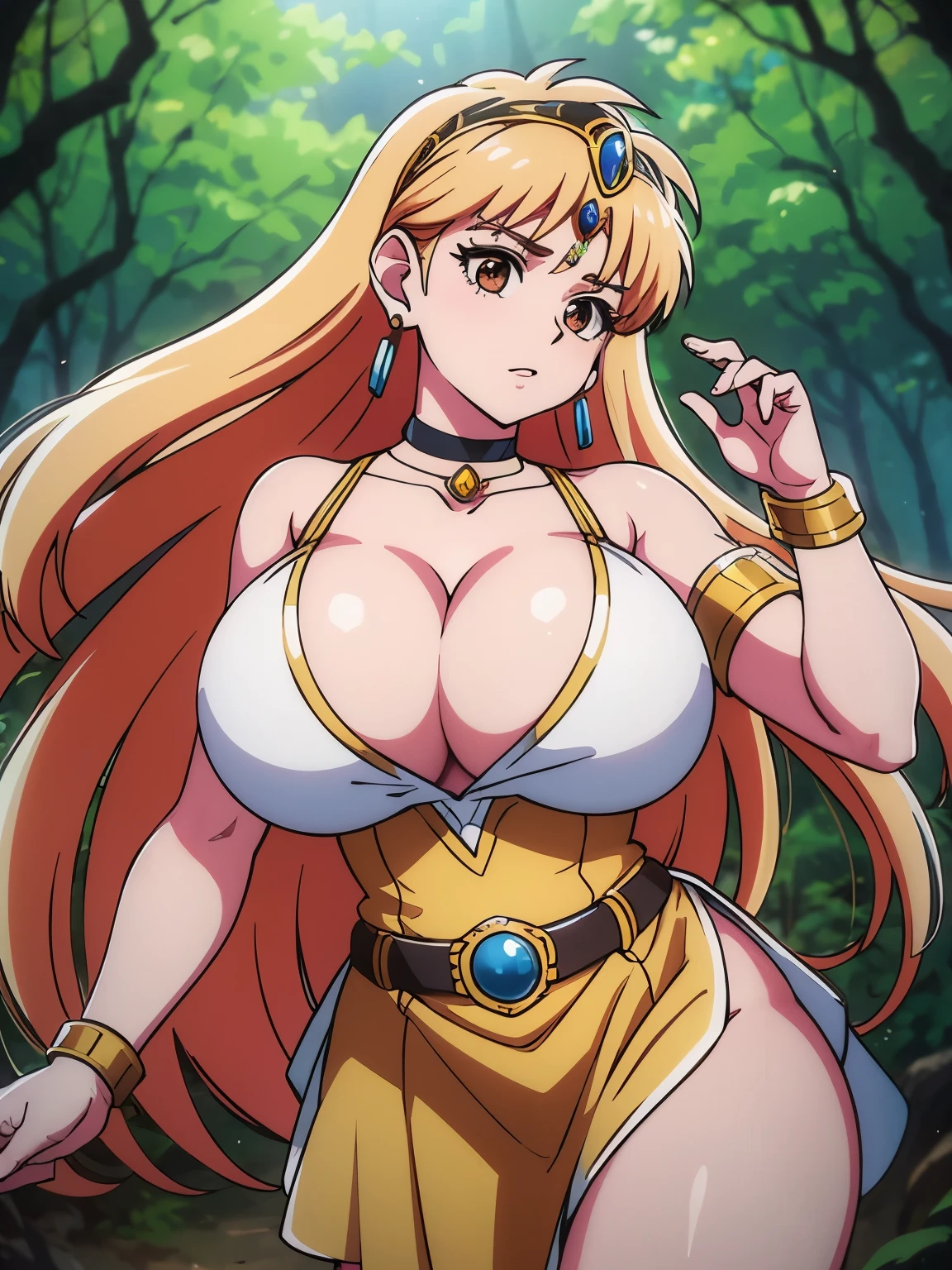 (masterpiece, highest quality:1.2), Ultra-high resolution), RAW Photos, Professional Lighting, Cinema Lighting, (1 girl), Leona, レオナ, Dragon Quest:dai no daibouken, (blonde, Long Hair, Brown eyes, string tiara, hair ornaments, bangs), (earrings, brass Circlet, choker, white cardigan, green short dress, knee high socks, golden bracelet, golden pads, white cloak), (((ultra large natural breasts, Super huge tits, Super huge boob, Super huge cleavages))), (((trees, realistic & detailed ivy, realistic & detailed swamp, dark forest, deep forest, dark atmosphere))), detailed face, detailed eyes, clear & fine eyes, realistic & detailed walking gesture, 