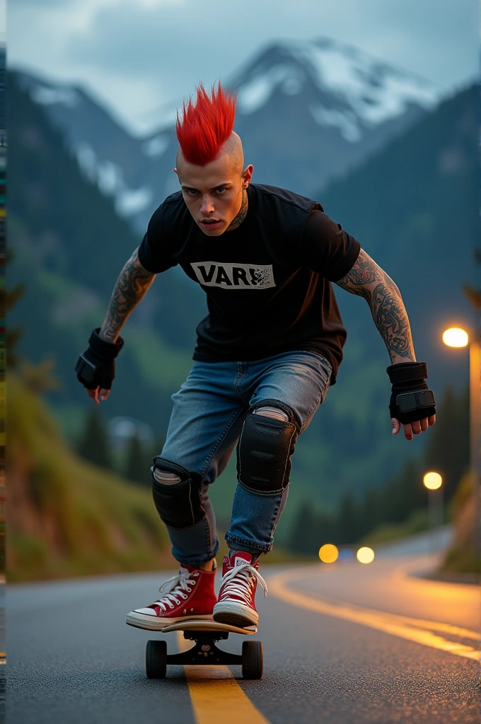a young Punk skateboarding with red mohawk and upturned jacket covered in tattoos on his arms,he is bodys is fat with a cool pose, confidently riding a skateboard down a winding mountain road ferry fasted, framed by the night golden light of the street. He is wearing a black t-shirt with a vintage VAN logo on his chest and a bag on his back, and denims jeans and use red converse shoes. The man look at the camera, his hands protected by black gloves, adding a personal touch to the thrilling scene. He also wears knee and elbow pads, ensuring safety as he navigates the turns with ease. The background is midnight lanscape features rolling green hills and snow-capped mountains in the distance, creating a stunning contrast to the rider’s dynamic movements, amplifying the excitement. In the distance. The image exudes the thrill of downhill skateboarding, the beauty of the natural scenery, and the fearless energy of the rider, with an Instagram-worthy night atmosphere.