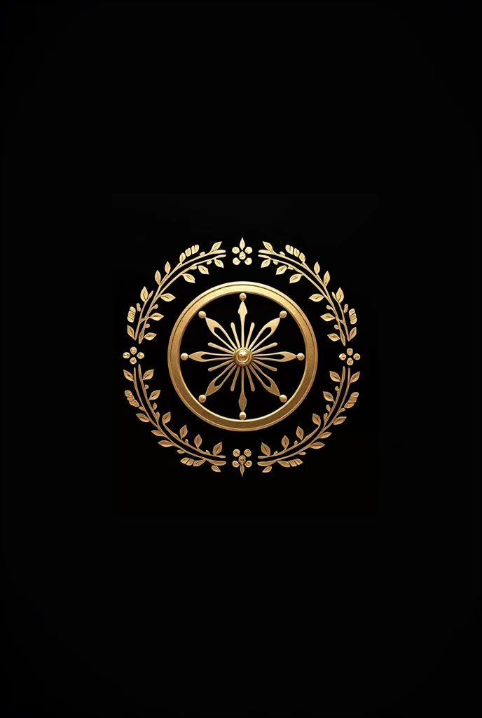Logo for Nany Enxovais trousseau, bed linen, table linen and bath linen, logo with gold and black wheel and flower ornaments around it, black backdrop 
