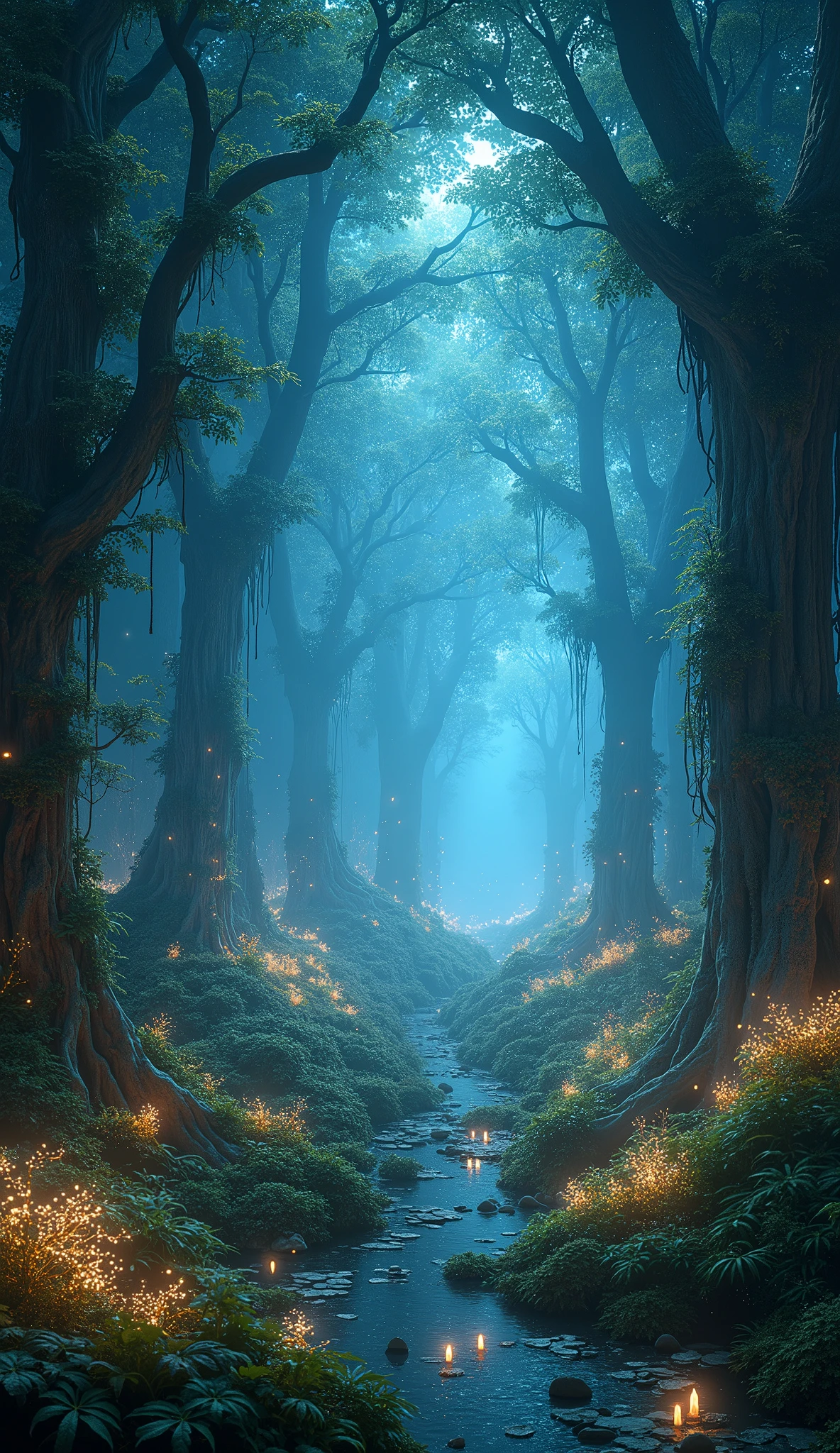 An expansive underground realm bathed in the soft, soothing light of bioluminescent flora. Towering trees with glowing leaves create a canopy of light, while vines covered in tiny, glowing flowers drape down from above. The ground is alive with luminous ferns and bushes, casting a gentle radiance that illuminates the serene landscape. Small, glowing creatures, like fireflies and gentle floating orbs, move peacefully through the air, adding to the tranquil ambiance of this hidden utopia.