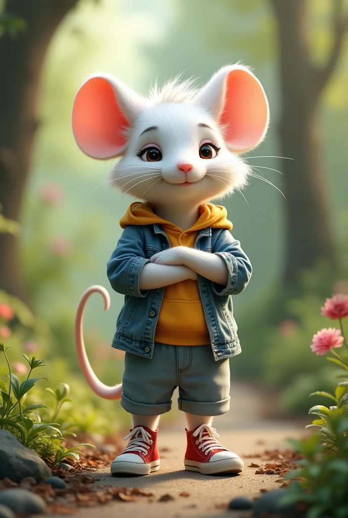 White mouse posing as a teenager Standing in sneakers, in an environmental park
