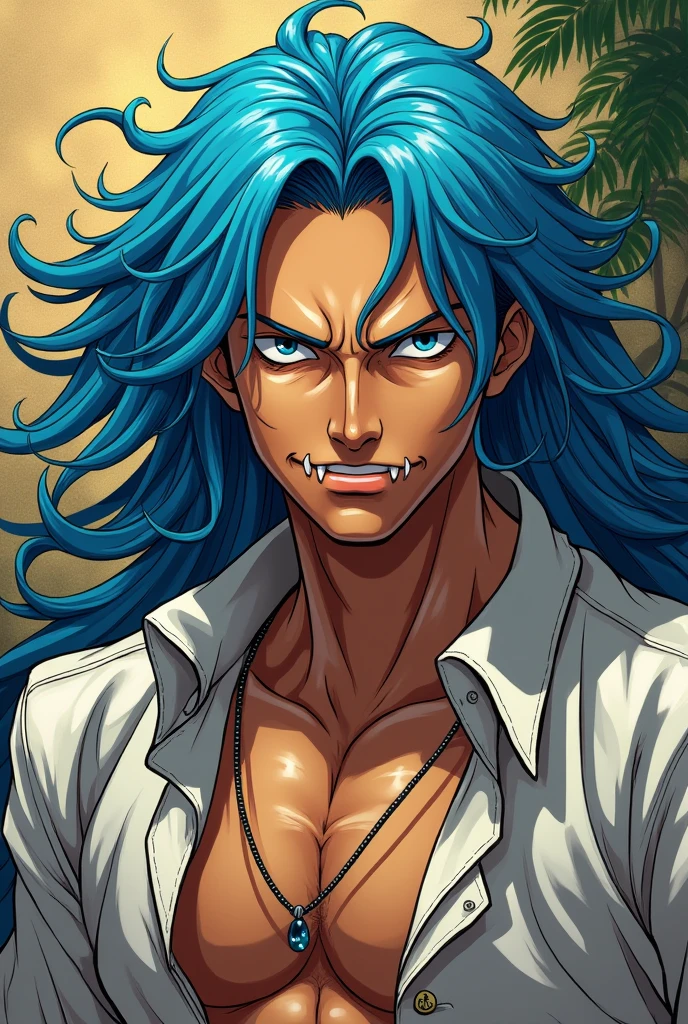 estilo one piece , a man with long blue hair and a delicate appearance , Tanned skin and sharp teeth