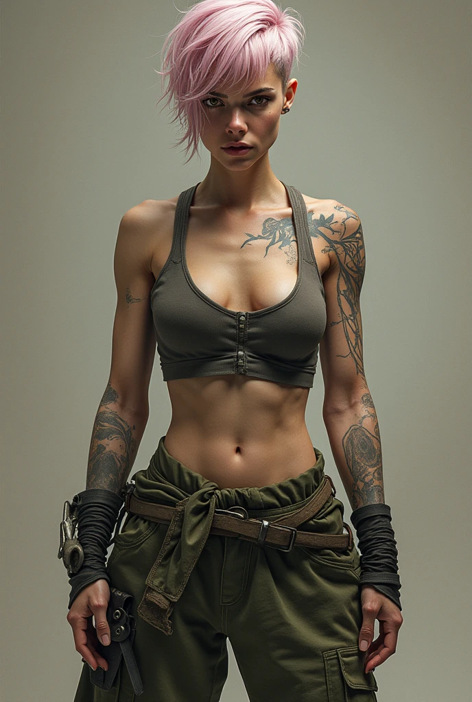 very strong woman, with muscular arms and defined abdomen, defined body, face with delicate features, height 1,72, pale skin covered in scars all over the body, lightbrown eyes, almost yellowish, light pink hair, Channel cut with bangs.