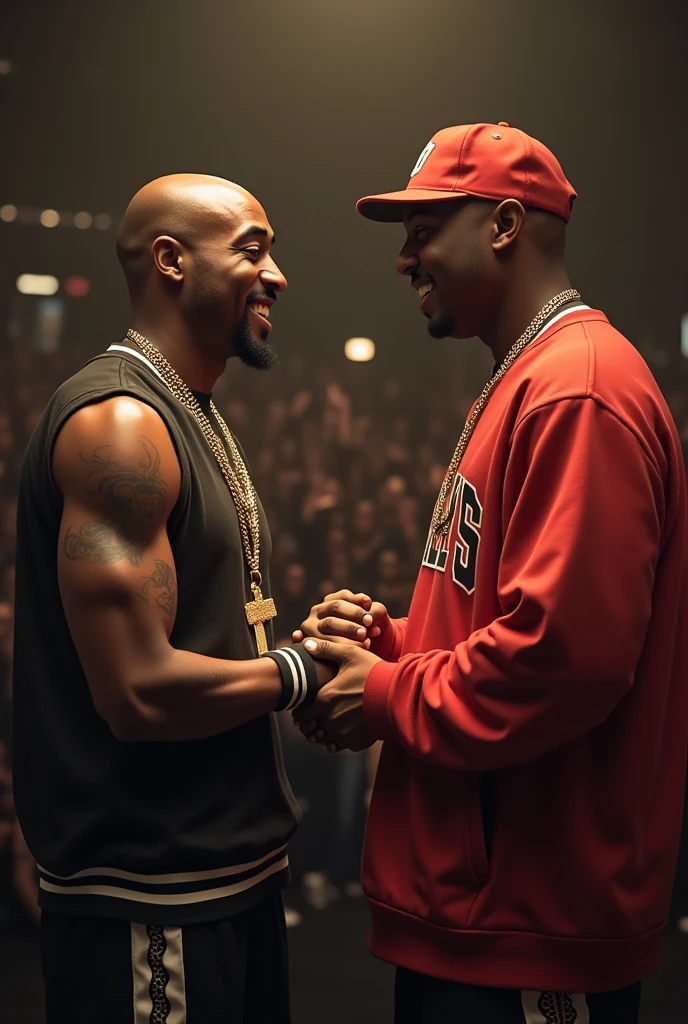 Rapper 2pac shaking hands with rapper Biggie like the good friends they are