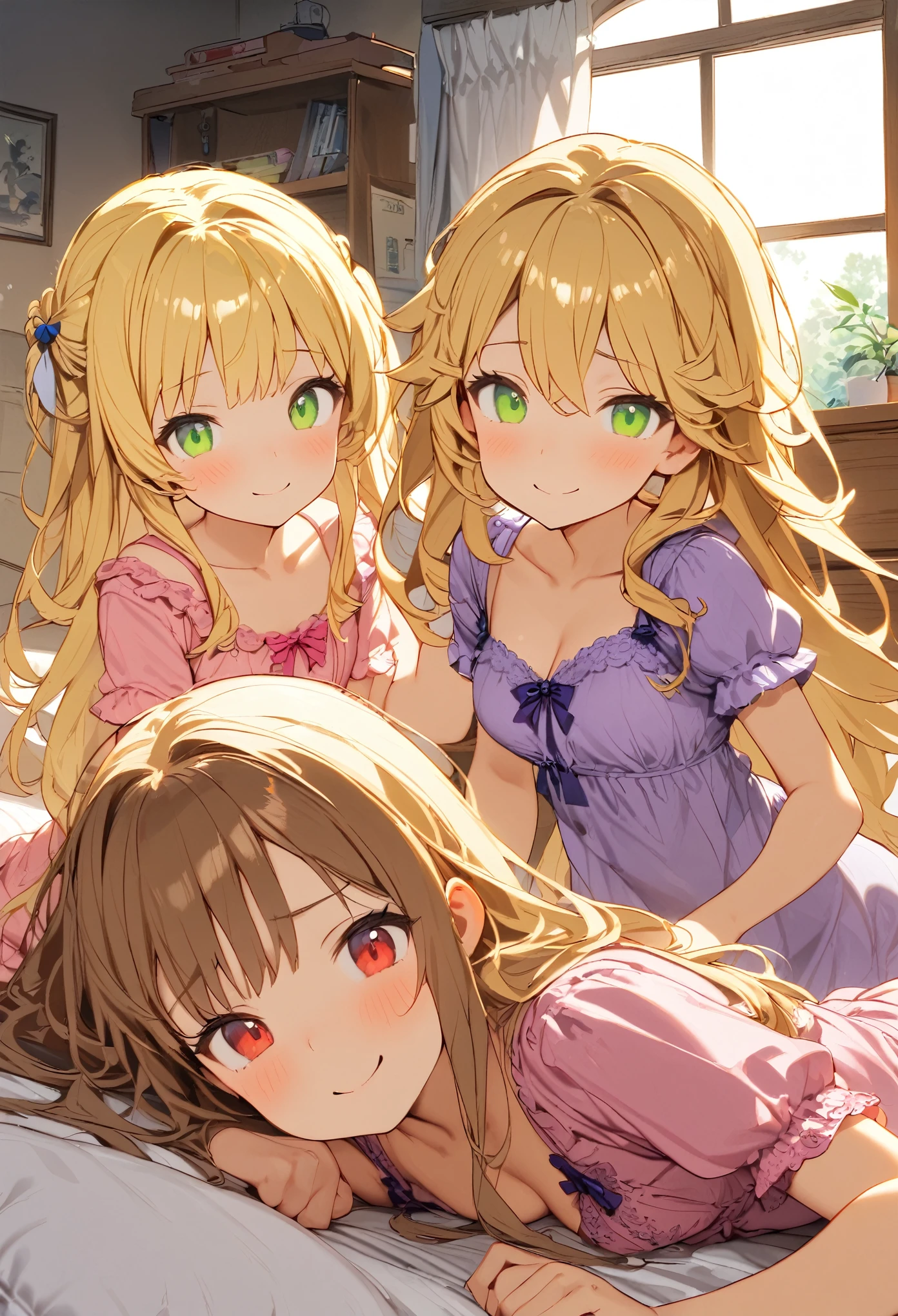 Three angel girls with long hair are lying on the bed in front of the bedroom。, multiple girls, blonde hair, Bon ,Purple Nightgown, red eyes , skirt, brown hair, shy smile, pink nightgown, green eyes, looking at the viewer, short sleeve,sex,compartment,blowjob,Sexy clothes,through,Slip nightdress