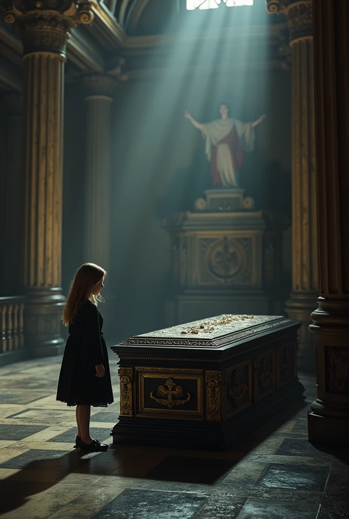 A coffin in the Vatican with a little blonde girl 