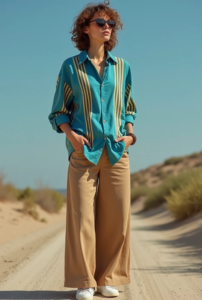 Tortoise(sea blue) colour shirt made of heavy cloth having wide vertical strips embedded in the clothing, buttons are open of Shirt , paired with light brown plazo of same heavy soft material paired with white sneakers