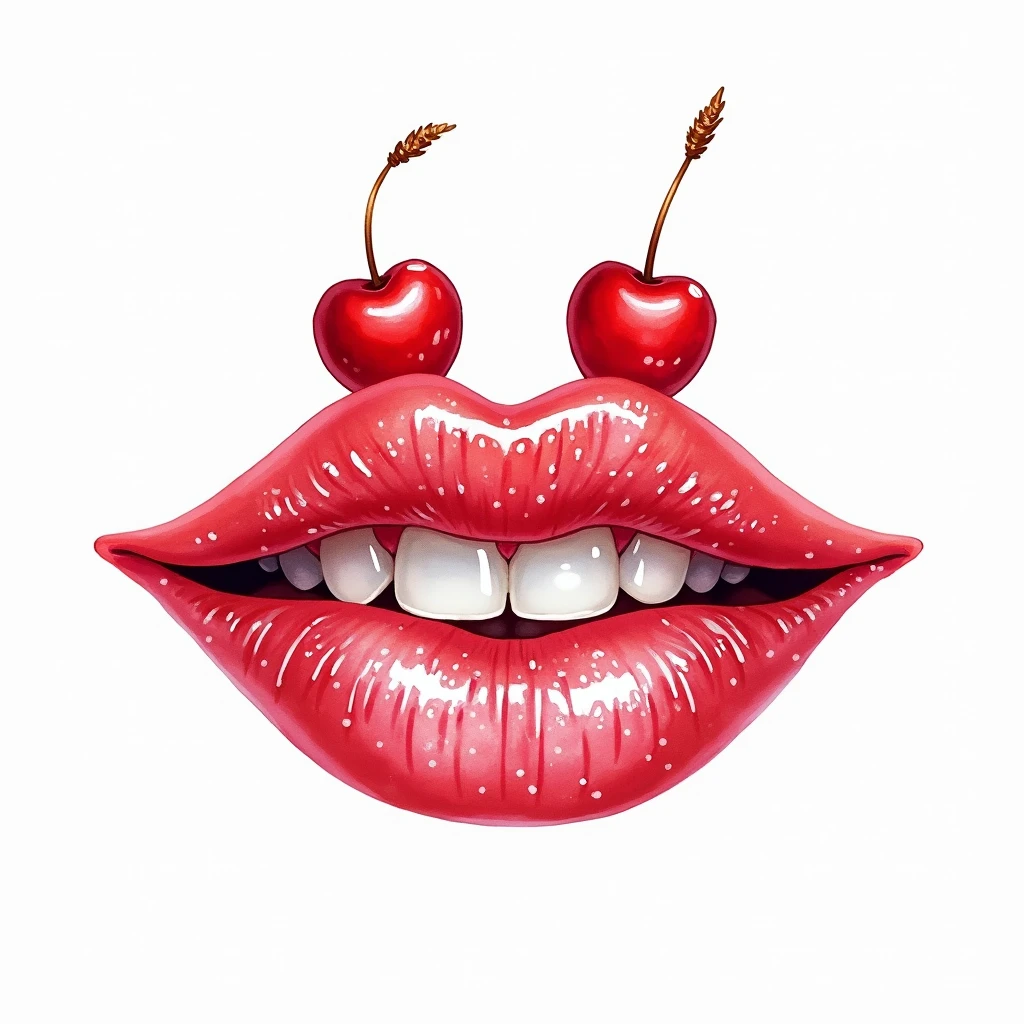 A watercolor illustration of shimmering red lips with white teeth. The lips feature an iridescent, red-pink finish, and the "blood" is a glittering pink with a pearlescent sheen. There are two red iridescent cherries sitting on the bow of the lips. The background is plain and white.