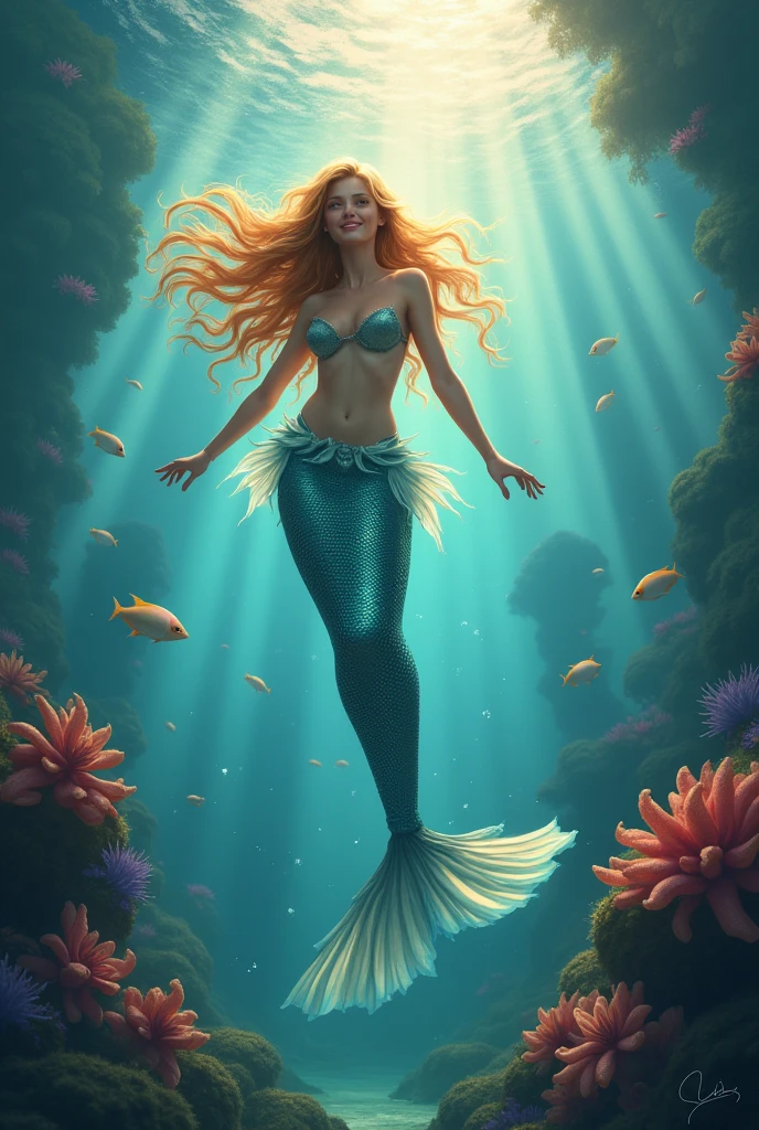 Yellow haired mermaid swimming underwater