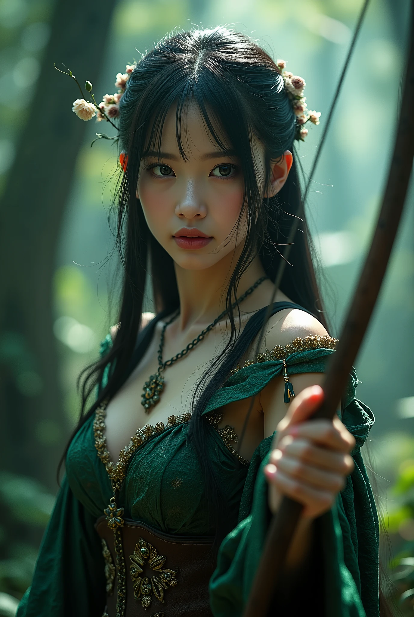 (masterpiece,best quality:1.4),(8k,raw photo,photo realistic:1.2),shiny skin,detailed skin,detailed face,detailed eyes,Detailed hands,Detailed Background、1girl,Japanese idol,(beautiful face),(Shining Eyes:1.1),、Ultimate Idol、Symmetrical eyes、、Great background、Great location、((Japanese,sexy robin hood costume))、(Detailed and very cute,),Full body portrait,Mysterious glowing forest,Elf,Woman holding a bow,nswf,sexy Instagram style
