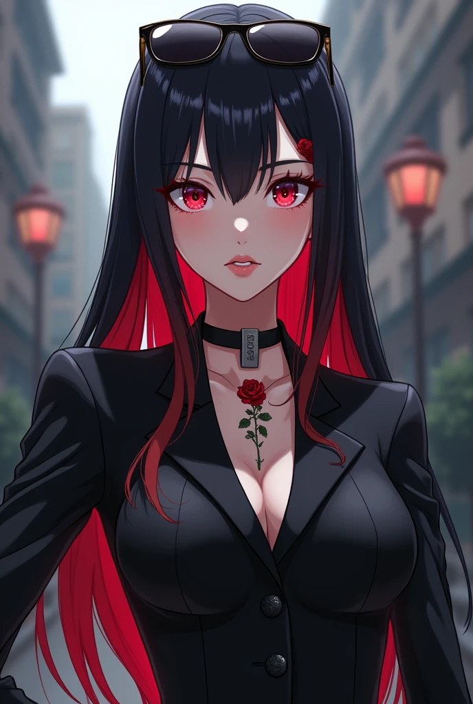 An image of Izana Kurokawa from the Anime Tokyo Revengers but in her female version with white skin, long hair with tips degraded to red wearing an elegant black business suit while on his neck he has a tattoo of a rose and has sunglasses on his head.