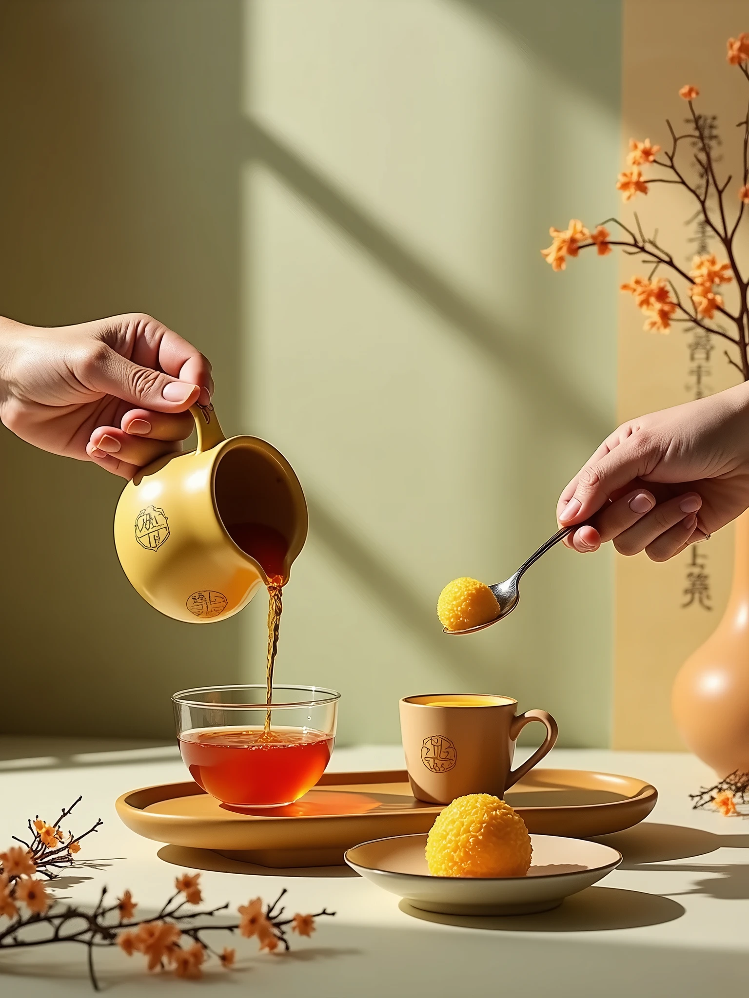 Translate to English: Photography group products ins style, simple, new Chinese style, yellow-green tones, background is Chinese-style diamond-shaped windows, there are some osmanthus flowers on the desktop, ancient Chinese scrolls, and desserts. One hand is pouring hot tea upside down, and the other hand is holding a fork to pick up the dessert.