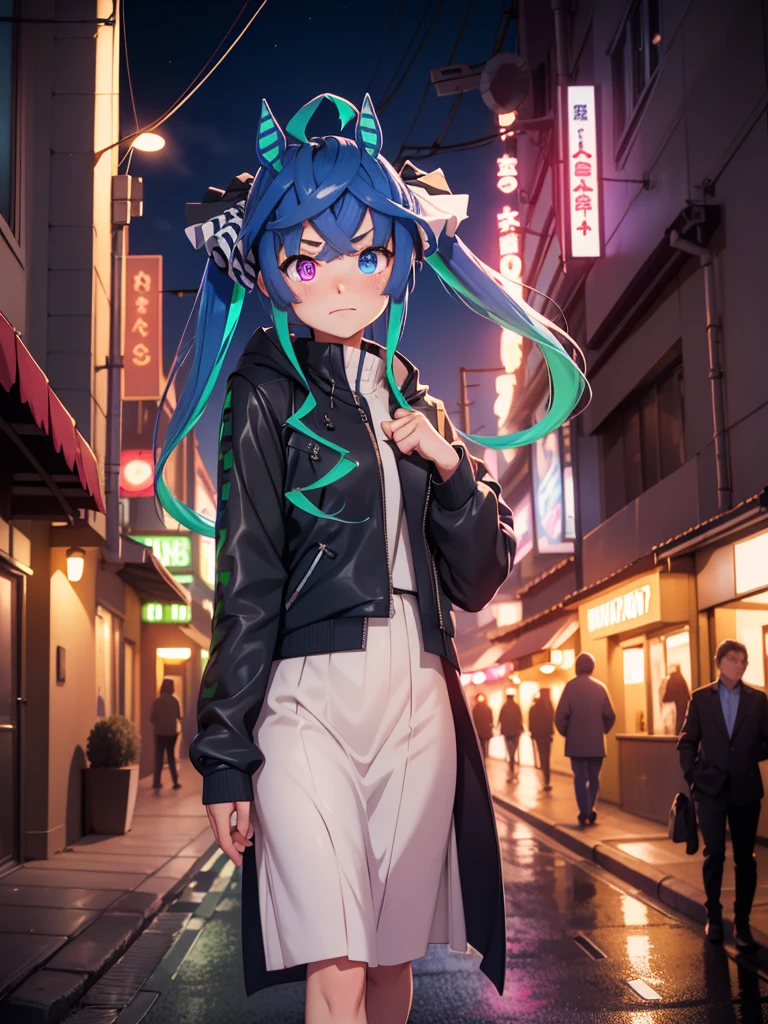 (​masterpiece、top-quality、hight resolution、Unity 8k、extremely details CG:1,Best Picture), Twin_Turbo_Umamusume, aqua hair, twintails, heterochromia, purple eyes, blue eyes, sharp teeth,  horse's ear, "A shy and blushing woman standing outside in the evening, pointing towards a motel with an embarrassed expression. She is dressed in modest, casual attire, with her cheeks slightly flushed, reflecting her bashful demeanor. The background shows a dimly lit street with the motel's neon sign glowing softly in the twilight, capturing the mix of her hesitance and the quiet ambiance of the evening." open jacket