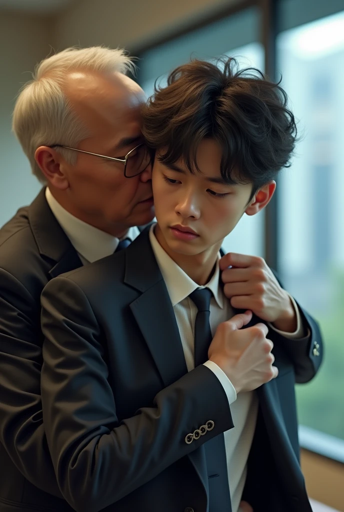 Real photo style、Realistic、Cute handsome man、Idol face、、Japanese、Slim body、Mash Hair、Completely naked、Full nudity、I was hugged from behind by an old man in a suit.、Inside the office、Embarrassed look、Completely naked、Completely naked、Colorful bikini briefs