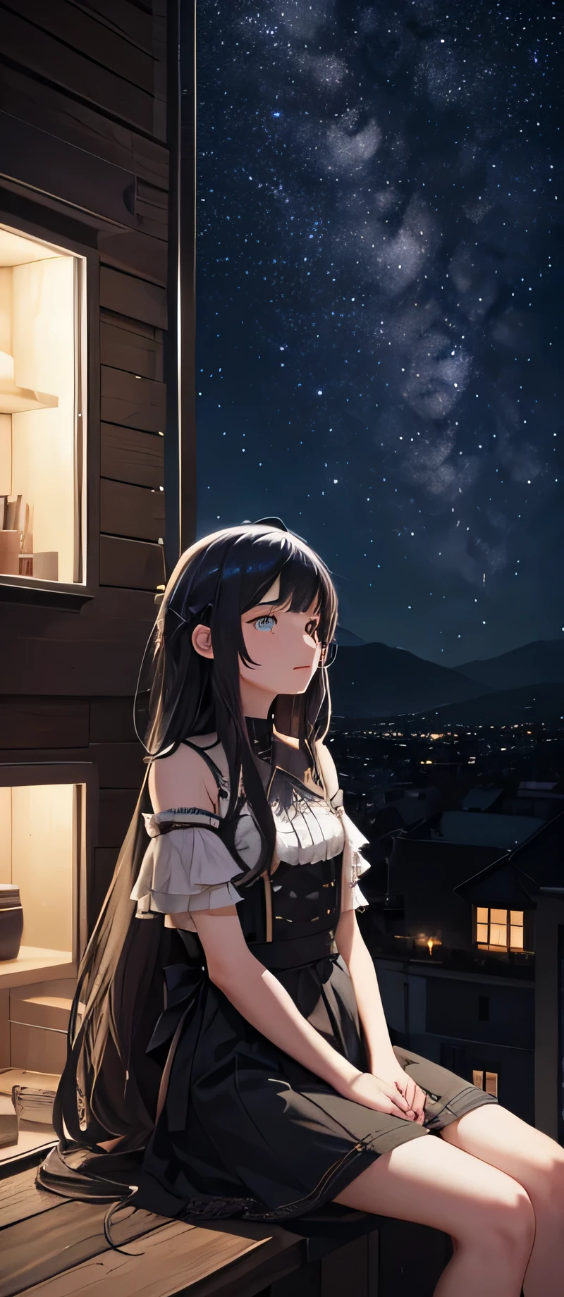 Octane, Invalid, Star (Invalid), landscape, Starry Invalid, night, 1 girl sitting on the balcony, night Invalid, alone, outdoor, building, cloud, Milky Way, sitting, wood, long hair, City, contour, Cityscape  